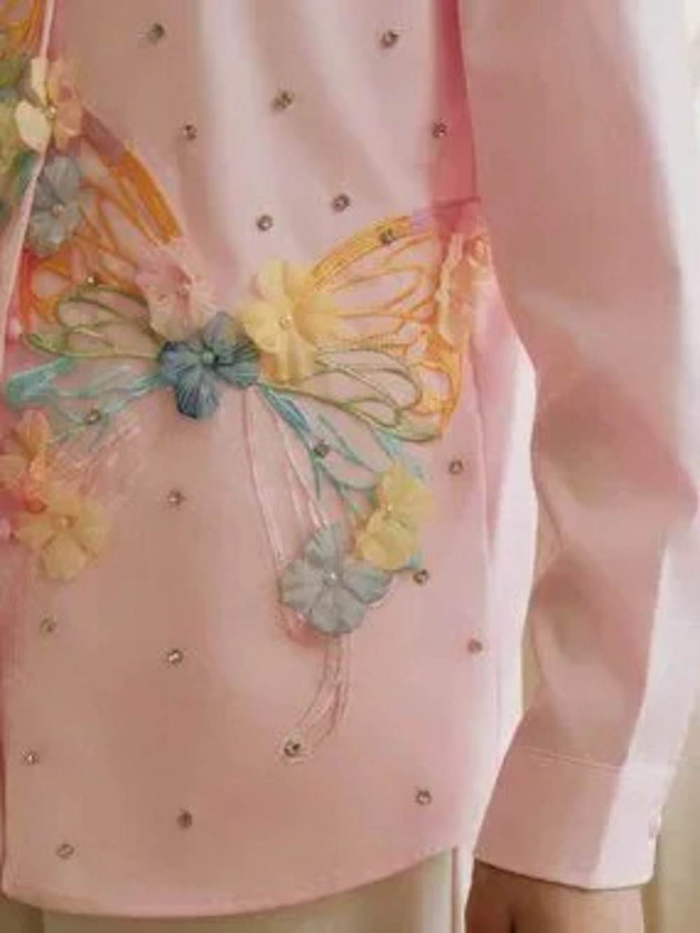Pink Casual Women's Long Sleeve Embroidered Rhinestone Butterfly Blouse